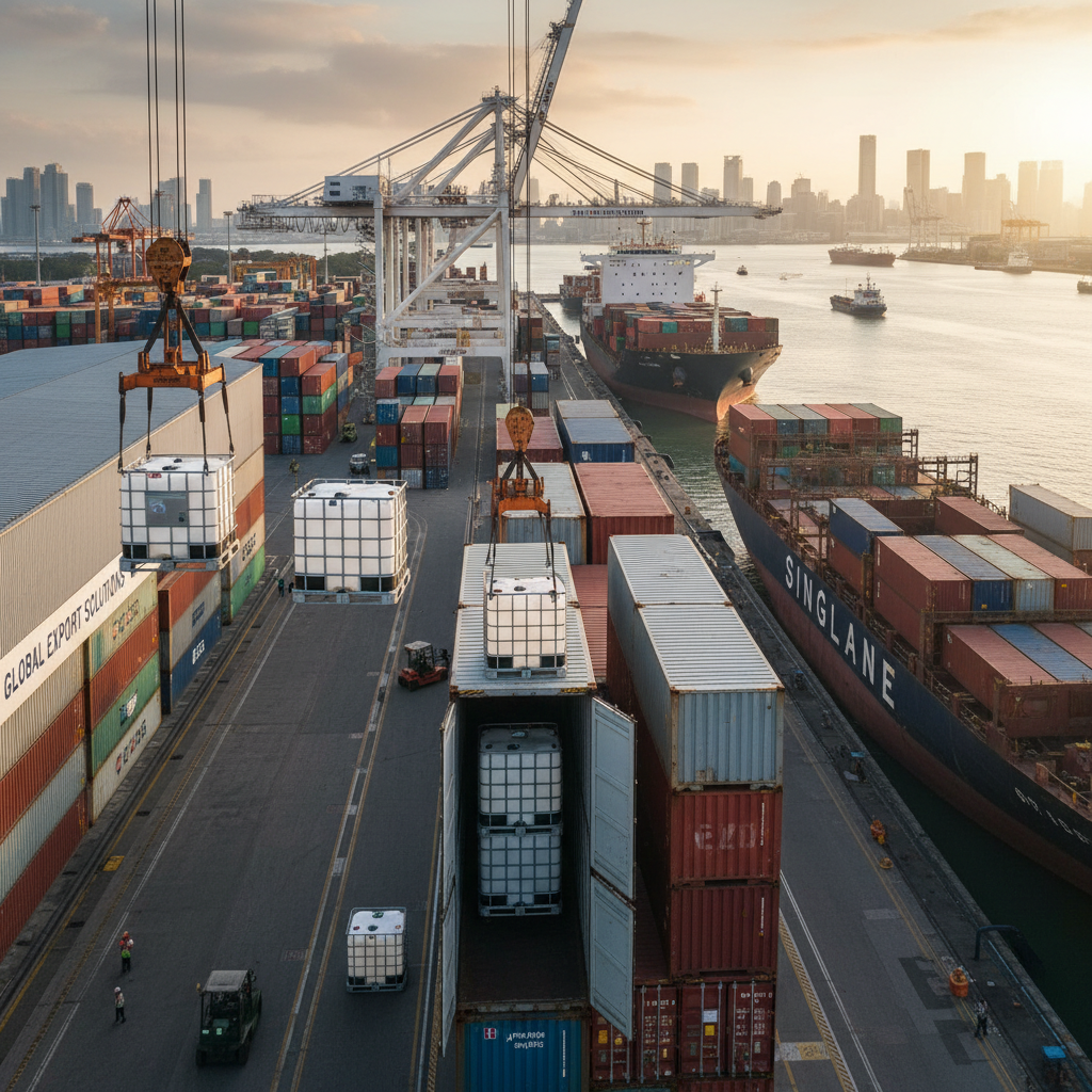 IBC탱크를 해외로 수출하는 모습을 보여주는 사진. 선적, 컨테이너, 항구, 글로벌 무역 분위기 포함.