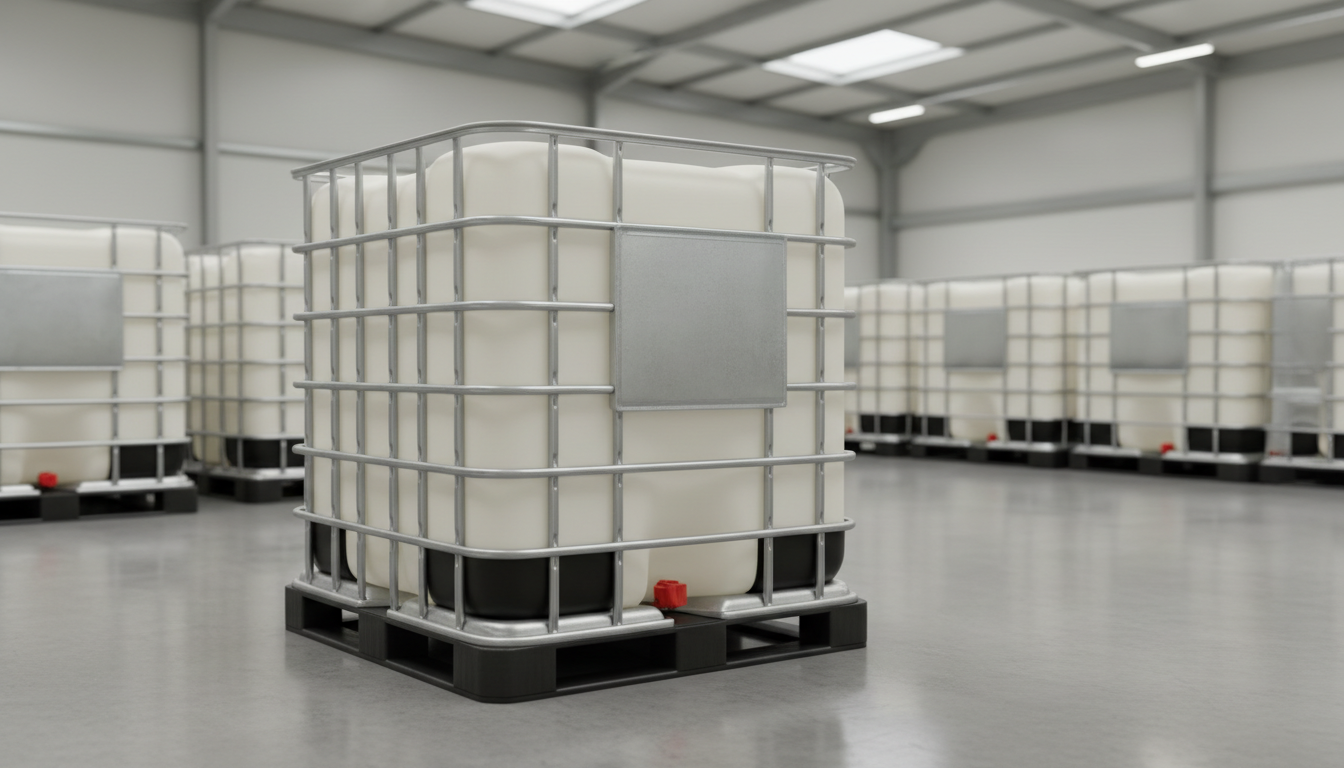 A pristine IBC tank made from high-grade, semi-translucent HDPE plastic with reinforced steel cage supports, standing on a sturdy pallet base. The tank's smooth, neutral-toned surfaces showcase clean lines and subtle industrial textures. Set in a spotless, well-lit warehouse environment with polished concrete flooring and neatly stacked tanks in the blurred background, the tank is positioned slightly off-center for balanced composition. Soft diffused lighting from overhead skylights creates mild highlights and even, gentle shadows, enhancing the structured layout. The overall mood is calm, professional, and trustworthy, with a corporate photographic realism that underscores product reliability and the company's expertise.