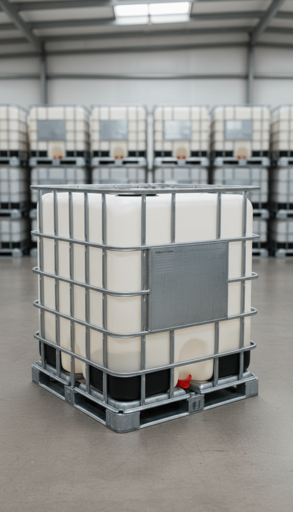 A pristine IBC tank made from high-grade, semi-translucent HDPE plastic with reinforced steel cage supports, standing on a sturdy pallet base. The tank's smooth, neutral-toned surfaces showcase clean lines and subtle industrial textures. Set in a spotless, well-lit warehouse environment with polished concrete flooring and neatly stacked tanks in the blurred background, the tank is positioned slightly off-center for balanced composition. Soft diffused lighting from overhead skylights creates mild highlights and even, gentle shadows, enhancing the structured layout. The overall mood is calm, professional, and trustworthy, with a corporate photographic realism that underscores product reliability and the company's expertise.