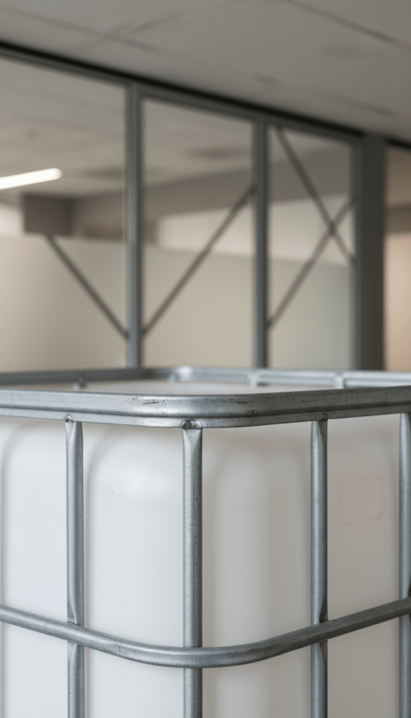A close-up of an IBC tank’s corner where the steel reinforcement bars meet the thick-walled plastic, revealing intricate welds and molded details. The tank is set against a softly blurred, structured background in a neutral tone, resembling a clean office meeting room or corporate inspection zone. Gentle, indirect lighting from one side accentuates surface textures and creates delicate gradients across both metal and plastic, with a balanced, asymmetrical composition. The mood conveys technical sophistication and reliability with a clean, photographic minimalist aesthetic, ideal for showcasing engineering prowess and quality assurance on the company’s website.